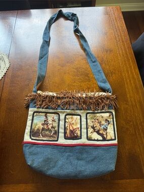 Vintage Western Canvas Fringe Shoulder Bag in Blue and Brown
